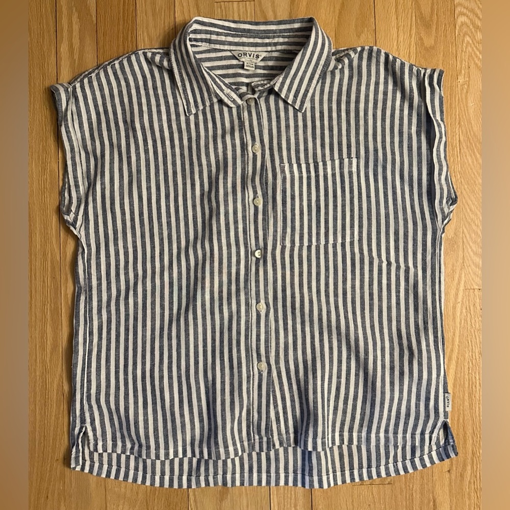 Orvis Linen Blend Button Up Top Blue & White Stripes, Cuffed Cap Sleeves, Size S